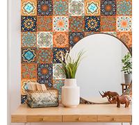 Stick on Tiles Orange White Blue Tile Stickers PVC Self Adhesive Wall Tiles Heat Resistant Peel and Stick Floor Tiles Kitchen Stick on Wall Tiles Bathroom Kitchen 15x15cm/10 Pcs