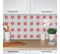 Stick on Tiles Red Grey Flower Kitchen Tile Stickers Waterproof Vinyl Decals Self Adhesive Stick on Bathroom Tiles Backsplash Decorative Tile Covers 30x30 cm/ 10 pcs