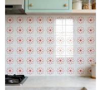 Stick on Tiles Red Minimalist Flower Kitchen Tile Stickers Waterproof Vinyl Decals Self Adhesive Stick on Bathroom Tiles Backsplash Decorative Tile Covers 30x30 cm/ 10 pcs