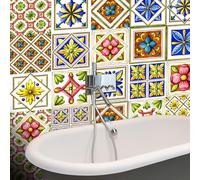 Stick on Tiles Retro Yellow Blue Pattern Tile Stickers Waterproof PVC Stick on Bathroom Tiles for Fireplace Surround Cabinet Wall Kitchen Home Decor