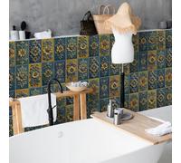 Stick On Tiles Retro Yellow Blue Tile Stickers PVC Peel and Stick on Bathroom Tiles Durable Waterproof Oil-Proof Self Adhesive Wall Floor Tile Covers Removable Kitchen Stickers 10.16x20.32cm/48 Pcs