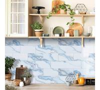 Stick On Tiles Silver Blue Marble Tile Stickers PVC Peel and Stick on Bathroom Tiles Durable Waterproof Oil-Proof Self Adhesive Wall Floor Tile Covers Removable Kitchen Stickers 10.16x20.32cm/64 Pcs