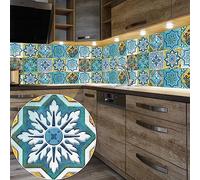 Stick on Tiles Turquoise Gold White Tile Stickers PVC Self Adhesive Wall Tiles Heat Resistant Peel and Stick Floor Tiles Kitchen Stick on Wall Tiles Bathroom Kitchen 15x15cm/10 Pcs