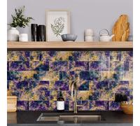 Stick on Tiles Yellow Purple Galaxy Kitchen Tile Stickers Transfers PVC Self Adhesive Wall Tiles Durable Peel and Stick Floor Tile Stickers for Bathroom Kitchen Oil-Proof Removable 10.16x20.32/16 pcs