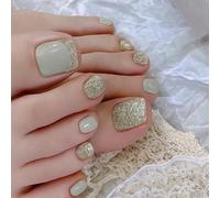 Stick On Toe Nails Short Square Glitter Waterproof Chip-Resistant - Matte Sage Green And Sparkling Gold Press On False Nail Set For Women Parties Weddings Daily Wear Easy Application Removal