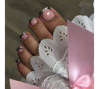 Stick on Toenails - 24PCS Silver Fake Toe Nails - False Toenails with Glue - Summer Press on Toe Nails French Tip - Short Square Wide toe nail Extensions for Women Small/Big Toe