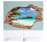 Sticker 3D Effect |Wall Decal Bora Bora, Palms and Bungalow - Wall Paper Decoration Optical Illusion Room and Living Room - 60 x 90 cm