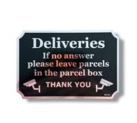 Sticker Gold - 12cm MIRROR CHROME Deliveries Leave In Parcel Box Stickers - Self Adhesive, Sign, Front Door, Courier, Postman, Metalised Film SG151
