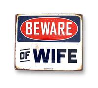 Sticker Gold BEWARE OF WIFE Self Adhesive Sticker - 110mm x 90mm - Funny Car Shed Garage Workshop Toolbox Decal Door Sign Notice Warning