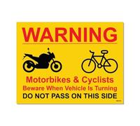 Sticker Gold - Warning Motorbikes & Cyclists Beware When Vehicle is Turning Self Adhesive Sticker - Van Lorry Safety SG419 (16cm x 12cm)