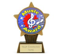 Sticker Stocker Gold Star Music Award Trophy 10cm Resin FREE engraving and Certificate