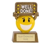 Sticker Stocker Mini Well Done Smiling Happy Face Award Trophy 9cm Resin FREE engraving and Certificate