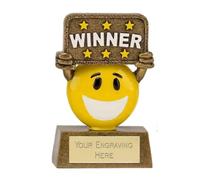 Sticker Stocker Mini Winner Smiling Happy Face Award Trophy 9cm Resin FREE engraving and Certificate
