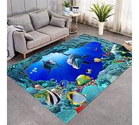 Sticker Superb. 3D Carpets For Living Room Bedroom Decor Rug Soft Flannel Kids Room Play Area Rugs kitchen Corridor Dining Floor Mat,3D Cat Dolphin Tiger Clouds Rainbow Pattern (Blue,40 * 60cm)