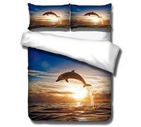 Sticker Superb 3D Dolphin Ocean Fish Pillowcase and Duvet Cover,Colorful Sunrise Sunset Evening Landscape Jumping Dolphin Design Bedding Set Quilt Cover for Girls Boys (Sunset Glow, Double 200x200cm)