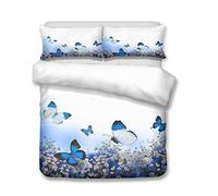 Sticker Superb. 3D Flower Butterfly Bedding Set Double Bed Quilt Cover 200x200 cm with 2 Pillowcase 50x75 cm, Microfiber Blue Purple Pink Roses Yellow Girl Woman Duvet Cover Set (Blue, Double)