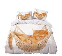 Sticker Superb. Animal 3D Bedding Set Soft Microfiber Polyester Zipper Duvet Cover with Pillowcase 50x75 cm Boy Girl Quilt Cover Single Double King Size, Orange Cat (Orange,Double 200x200 cm)