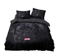 Sticker Superb. Animal 3D Bedding Set Soft Microfiber Polyester Zipper Duvet Cover with Pillowcase 50x75 cm Boy Girl Quilt Cover Single Double King Size, Black Pug (Black,King Size 220x240 cm)