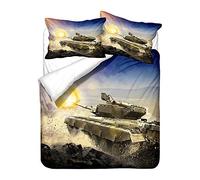 Sticker Superb. Army Green Bedding Set Duvet Cover and 80x80cm Pillowcase, 3D Weapon Tank Army Pattern Boy Man Dorm Duvet Cover with Zipper Closure Polyester Microfiber (Tank 1,Single 135 x 200cm)
