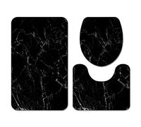 Sticker Superb. Bathroom Carpet Set Anti-Slip for Memory Foam Bath Mat Toilet Cover 3 Pc, 3D Marble Marbling Pattern Flannel U-Shaped Contour Rug, Door Mat,Lid Cover (Black,40×60 cm 3PCS)