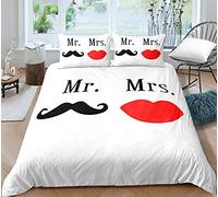 Sticker Superb. Black White Mr & Mrs Bedding Set 1/2 Person Romantic Letters Couple Duvet Cover Set With Zipper Mustache Red Lips Printed Polyester Bedspreads And Pillowcase (Style 3, King 3Pcs)