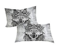 Sticker superb Bohemia Mandala Galaxy White Wolf Animal Love Pillow Cover, 3D Husky Dog Black Blue Dream Catcher Pillow Case Man Woman (Warrior Wolf, 2 x Pillow Case)