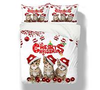 Sticker Superb. Christmas Cat Duvet Cover Set Non-iron Breathable Microfiber King Bedding Set 3Pcs With Zipper, 1 Duvet Cover 220 x 240 cm + 2 Pillowcases 50 x 75 cm (White,Double)