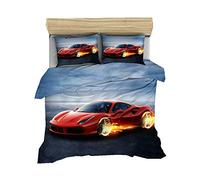 Sticker Superb. City Racing 3D Printing Bedding Set Cool Boy Teen Men Microfiber Truck Car Black Red Flame Zipper Duvet Cover with Pillowcase (Red,Double 200x200 cm)