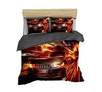 Sticker Superb. City Racing 3D Printing Bedding Set Cool Boy Teen Men Microfiber Truck Car Black Red Flame Zipper Duvet Cover with Pillowcase (Gray,Double 200x200 cm)
