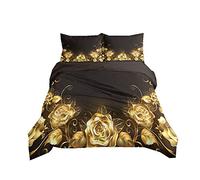 Sticker Superb. Duvet Cover Set Rose Flower 3D Digital Printing Romantic Floral Bedding Set Girl Woman Black Blue Gold Red Quilt Cover with Pillowcase, Microfiber (Gold, Single)