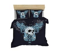 Sticker Superb. Duvet Cover Set Skull Bedding Set Gothic Skull and Flower Comforter Cover 3D Skeleton Bones Bedspread Cover with Pillow Shams Bed Cover Floral, Zipper Closure (Blue,Single 135x200 cm)