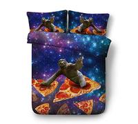 Sticker superb Galaxy Sloth Animal Duvet Cover Set with Pillow Case, Cartoon Sloth Boy Girl Man Soft Cotton Bedding Cover Non-iron (Galaxy Sloth with Pizza, 135_x_200_cm)