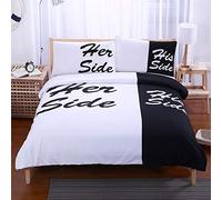 Sticker superb Mr Mrs Funny Duvet Set with Pillow Case, His Side Her Side White Black Blue Red Autumn Winter Bedding Cover Non-iron Anti-winkle (Black&White, 180x210cm)