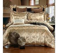 Sticker Superb. Quilt Cover Jacquard Duvet Cover Double Satin Texture Luxury 3 Pieces Bedding Set Floral Design Adult Duvet Cover with 2 Pillowcases (Gold, Double (200x230 cm))