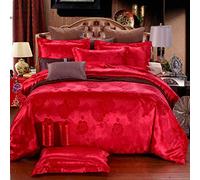 Sticker Superb. Quilt Cover Jacquard Duvet Cover Double Satin Texture Luxury 3 Pieces Bedding Set Floral Design Adult Duvet Cover with 2 Pillowcases (Red, King (220x240 cm))