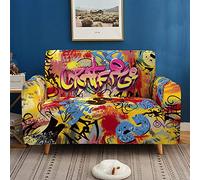 Sticker Superb. Sofa Cover Stretch Polyester Hip-Hop Style Graffiti Armrest Sofa Protective Cover Non-slip Anti-fouling Hotel Living Room Dormitory Slipcover Elastic Couch Cover (Style #2,2 Seater)
