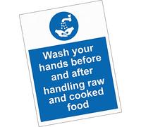 Sticker - Warning - 1x Hygiene Catering Wash Your Hands Before and After handling raw and Cooked Food Safety Sign 7,87x5,91 in - Vinyl - Company - School - Kindergarten - Office - Factory