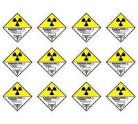 Stickers: 25 x 25 mm, Pack of 12 - Hazardous Goods Class - Class 7B - Category II / 2 - Radioactive Materials - ADR/GHS/DGR/UN Safety Pictogram