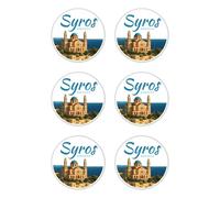 Stickers: 50 mm, 6 pieces - Syros Greece round stickers with church, holiday souvenir decoration