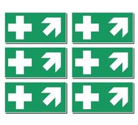 Stickers: 50 x 100 mm, Pack of 6 - First Aid - Combination with Arrow Right Slanted / Upwards - Rescue Sign - E003 - Green/White - DIN EN ISO 7010 / ASR A1.3
