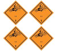Stickers: 75 x 75 mm, 4 pieces, hazardous goods class, class 1.1, explosive substances, ADR/GHS/DGR/UN safety pictogram