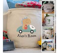 Stickerscape Personalised Dinosaur Car Storage Trug (Natural - Small) | Children's Storage Basket, Toy Storage, Toy Basket, Laundry Basket | 100% Cotton Canvas | Kid's Bedroom Decor, Nursery Decor