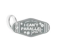 Sticky Art UK Parallel Park Motel Keyring: Vintage Vibes Keychain, Can't Park Funny Quote Keychain, Bag Charm, Gift for Bad Driver, Girly Car Accessory