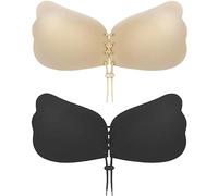 Sticky Bra 2 Pairs Backless, Strapless, Adhesive, Invisible, Push up Bra for Women Stick on, Black and Nude, One size