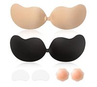 Sticky Bra Backless Adhesive Strapless Invisible Push Up Stick on Bras for Women Dresses 2 Pair Reusable Nipple Cover, Skin Tone & Black, B