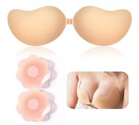 Sticky Bra Push Up - Invisible Stick on Bra, Silicone Women's Adhesive Push Up Bras, Reusable Strapless Backless Bras for Women Party Dress (UK, Cup & Band, B, Beige)