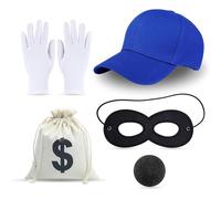 Stiedey 5pcs Robber Costume Set, Burglar Fancy Dress Kit Include Blue Hat Black Eye Mask Glove Money Bag Foam Nose for Adult Kids Halloween Cosplay World Book Day