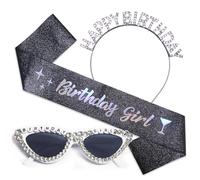 Stiedey Birthday Accessories for Women, Black Birthday Girl Sash with Heart Diamonds Sunglasses and Sparkling Crystal Headband, Happy Birthday Party Accessories for Girl Women Costume Decoration
