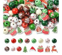 Stiesy 100 Pcs Christmas Theme Round Wood Beads Spacer DIY Craft Wooden Beads Bulk Crhistmas Tree Hat Deer Box Shape Festival Accessories for Jewelry Party Craft Supplies DIY Costume Accessories