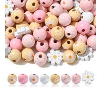 Stiesy 100 Pcs Daisy Flower Theme Wood Beads Kit 16mm Round Beads Pink Blossom Spacer Beads DIY Craft Wooden Beads for DIY Bracelet Necklace Earring Jewellry Making Garland Home Decor Craft